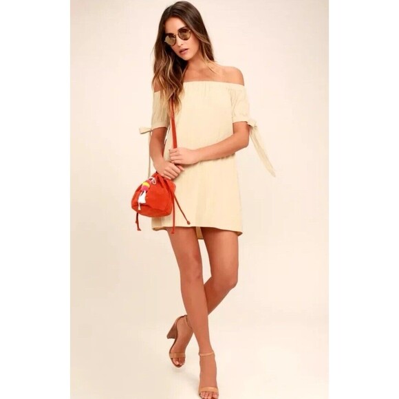 Lulus Al Fresco Evenings Beige Off-the-Shoulder mini Dress size Small - Picture 5 of 7